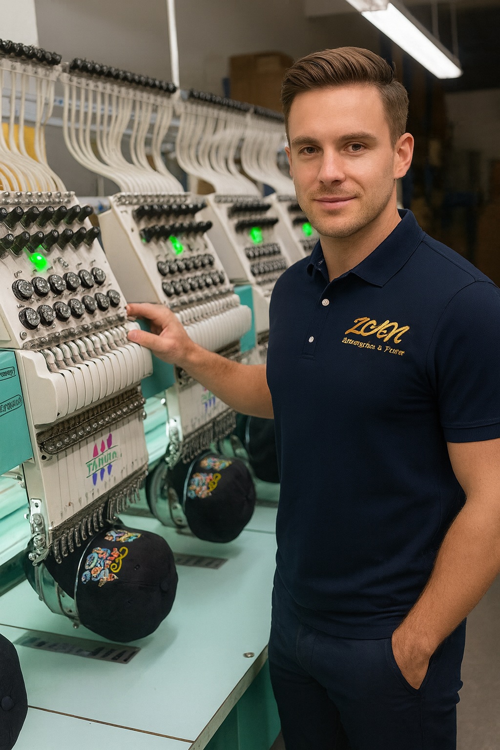 Zan Embroidea & Print workshop with multi-head embroidery machines and operator