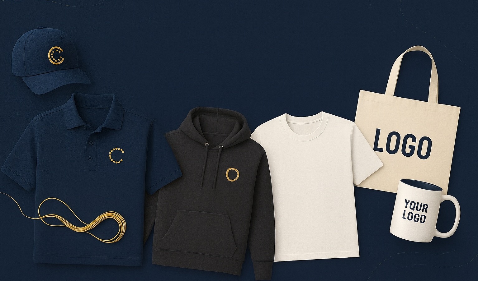 Embroidered cap, polo, hoodie, tote and mug by Zan Embroidea & Print