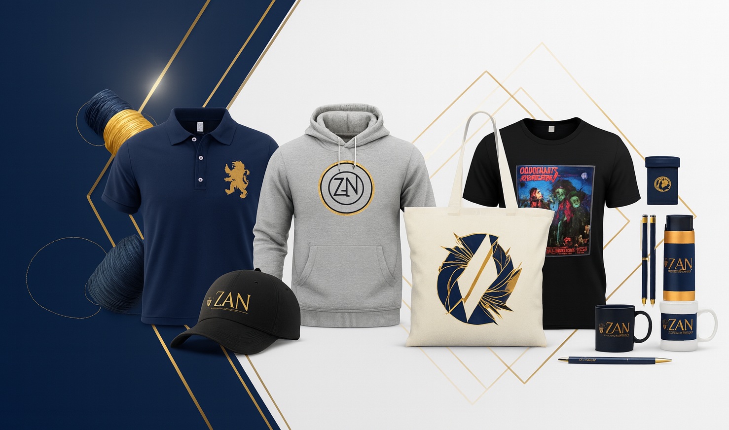 Branded apparel and promotional merchandise in navy and gold theme